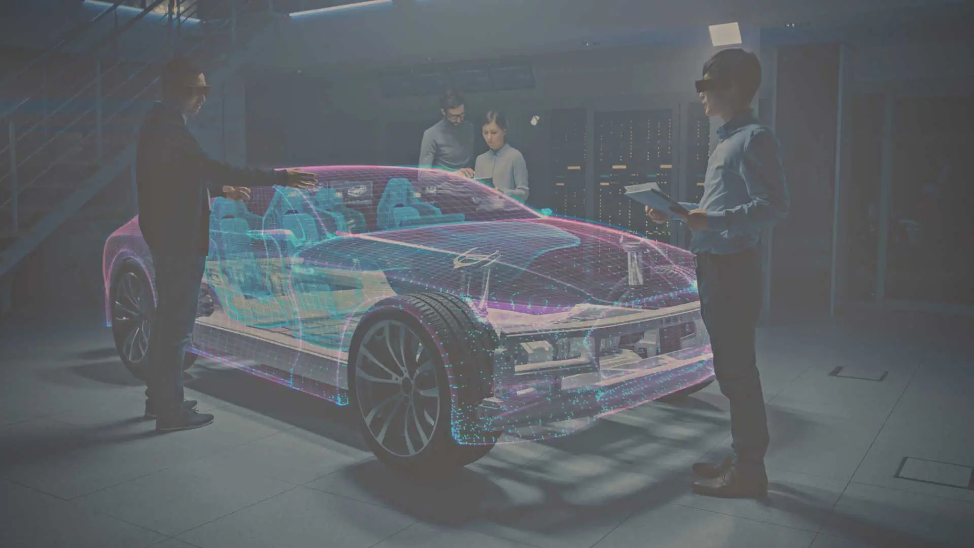 Engineer operating a mixed reality interface over a vehicle wireframe